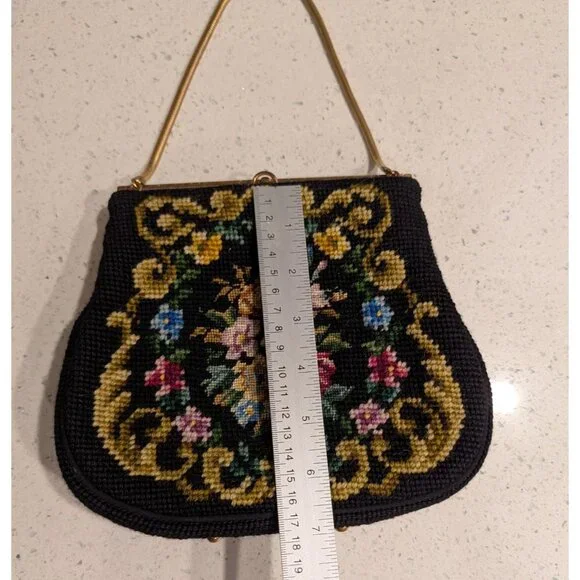 Vintage Floral Needlepoint Evening Bag Metal Frame Chain Strap etched clasp - Picture 11 of 16